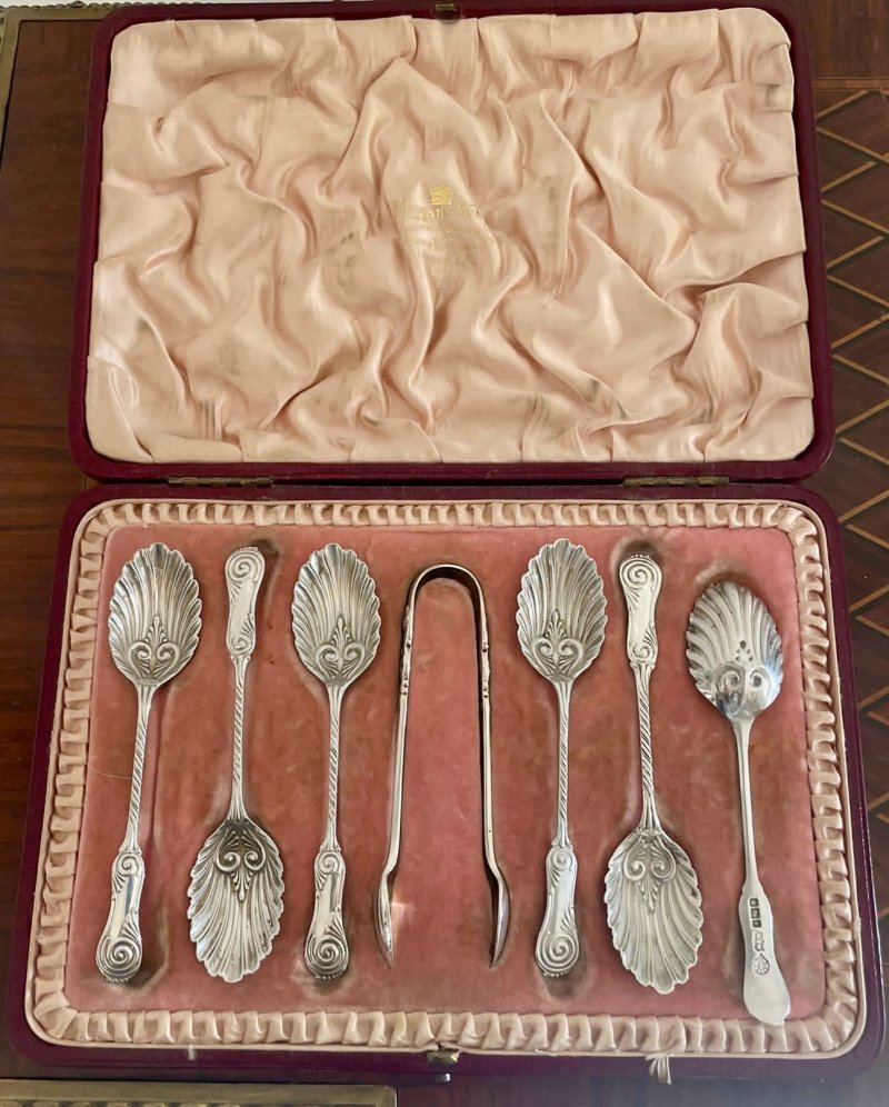 Set of Quality Antique Victorian Solid Silver Spoons and Sugar Tongs - Image 7